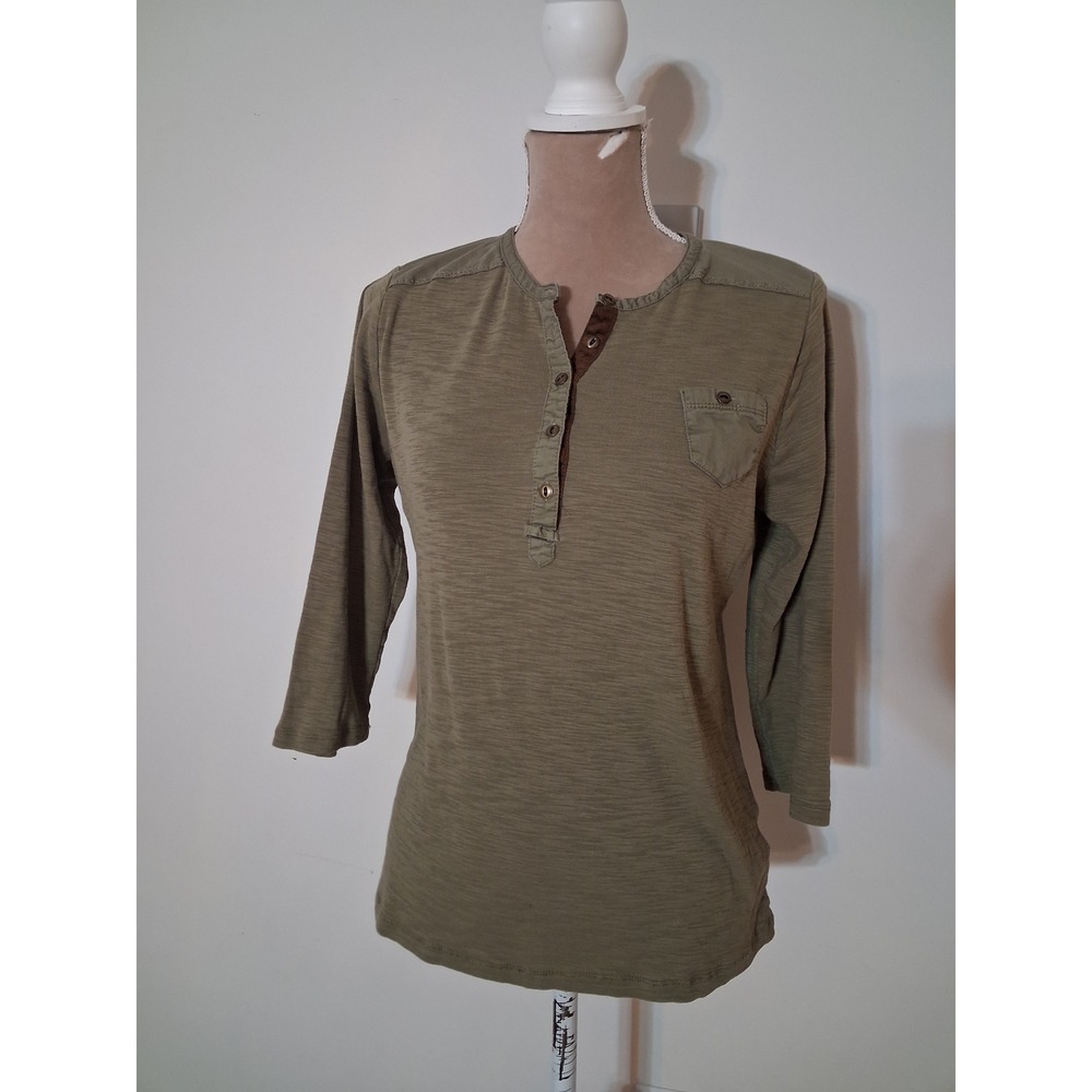 Lauren Ralph Lauren Henley Top Olive Green Slub Knit 3/4 Sleeve Cotton Large